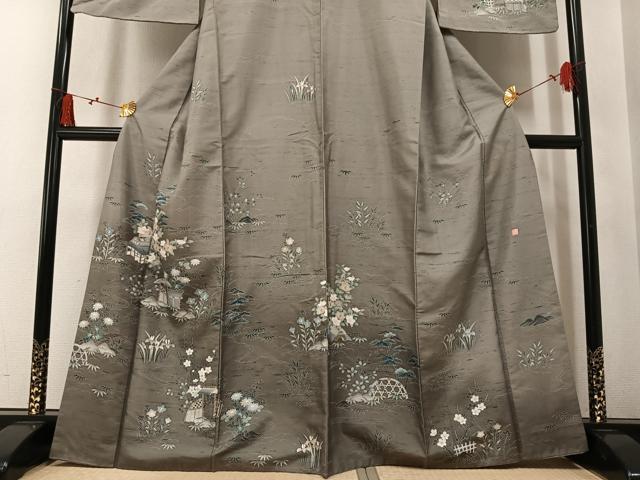 平和屋着物●訪問着　友禅　作家物　紬地　風景草花文　暈し染め　正絹　逸品　AABM1240ph
