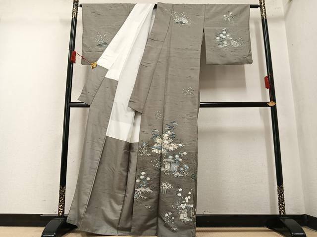 平和屋着物●訪問着　友禅　作家物　紬地　風景草花文　暈し染め　正絹　逸品　AABM1240ph