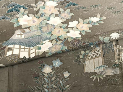 平和屋着物●訪問着　友禅　作家物　紬地　風景草花文　暈し染め　正絹　逸品　AABM1240ph