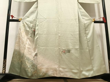 平和屋着物●訪問着　刺繍　扇面花文　暈し染め　金銀彩　正絹　逸品　AABM1244ph