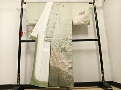 平和屋着物●訪問着　刺繍　扇面花文　暈し染め　金銀彩　正絹　逸品　AABM1244ph