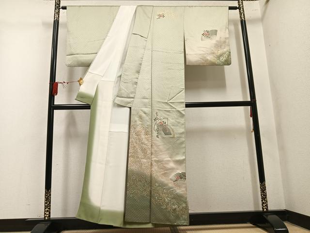 平和屋着物●訪問着　刺繍　扇面花文　暈し染め　金銀彩　正絹　逸品　AABM1244ph