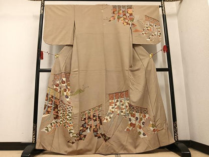 平和屋着物●訪問着　刺繍　几帳吉祥草花文　金彩　正絹　逸品　AABM1245ph