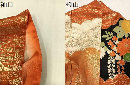 平和屋着物●豪華振袖　駒刺繍　雲重ね草花文　黒地　金彩　正絹　逸品　AABM1263ph