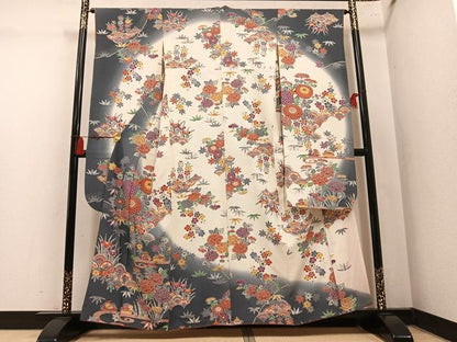平和屋着物●豪華振袖　型染め　流水鴛鴦花文　暈し染め　正絹　逸品　AABM1265ph