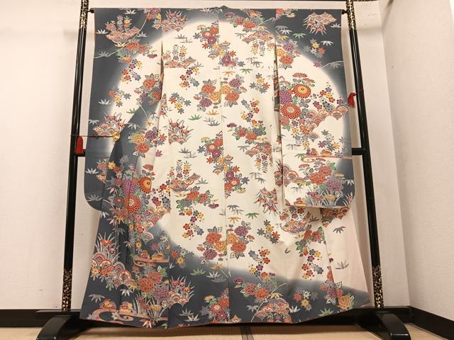 平和屋着物●豪華振袖　型染め　流水鴛鴦花文　暈し染め　正絹　逸品　AABM1265ph