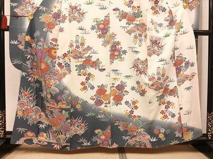 平和屋着物●豪華振袖　型染め　流水鴛鴦花文　暈し染め　正絹　逸品　AABM1265ph