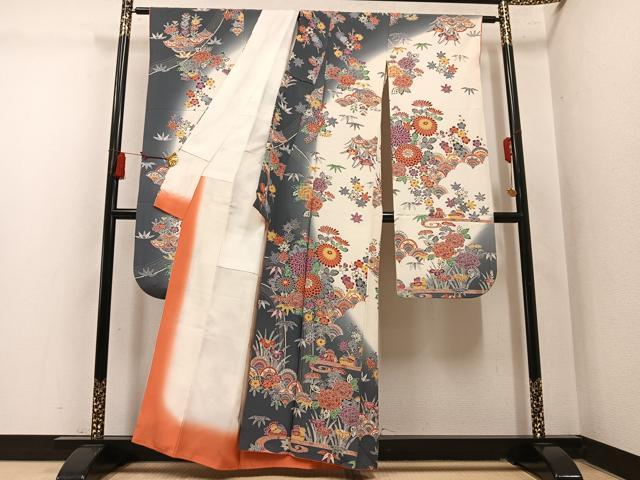 平和屋着物●豪華振袖　型染め　流水鴛鴦花文　暈し染め　正絹　逸品　AABM1265ph