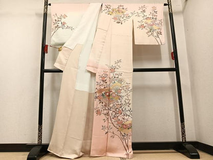 平和屋着物●訪問着　駒刺繍　扇面枝花文　暈し染め　金彩　正絹　逸品　AABM1272ph