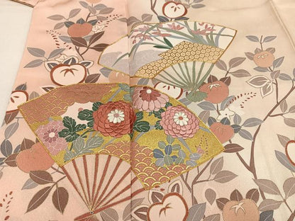 平和屋着物●訪問着　駒刺繍　扇面枝花文　暈し染め　金彩　正絹　逸品　AABM1272ph