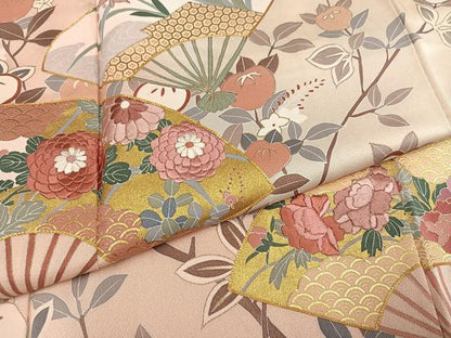 平和屋着物●訪問着　駒刺繍　扇面枝花文　暈し染め　金彩　正絹　逸品　AABM1272ph