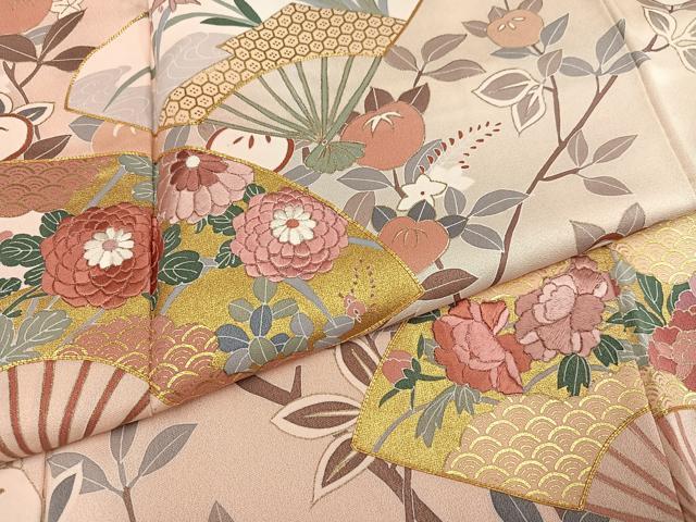 平和屋着物●訪問着　駒刺繍　扇面枝花文　暈し染め　金彩　正絹　逸品　AABM1272ph