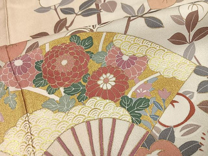 平和屋着物●訪問着　駒刺繍　扇面枝花文　暈し染め　金彩　正絹　逸品　AABM1272ph