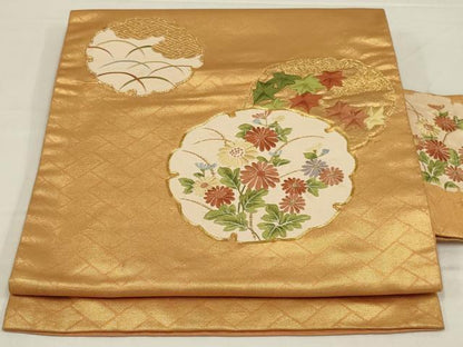 平和屋着物◎九寸名古屋帯　駒刺繍　雪輪花文　金糸　正絹　逸品　AABM1403ou