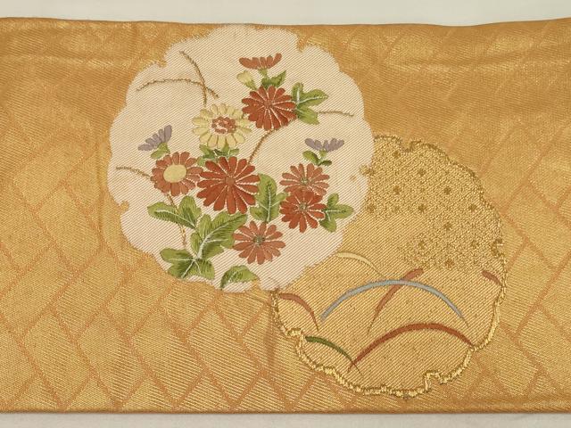平和屋着物◎九寸名古屋帯　駒刺繍　雪輪花文　金糸　正絹　逸品　AABM1403ou