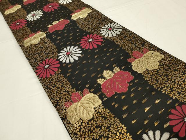 平和屋着物◎六通柄袋帯　立涌花文　黒地　金銀糸　正絹　逸品　AABM1405ou