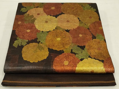 平和屋着物◎太鼓柄袋帯　草花文　金糸　正絹　逸品　AABM1406ou
