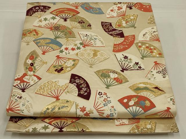 平和屋着物◎六通柄袋帯　唐織　舞扇花文　金糸　正絹　逸品　AABM1409ou