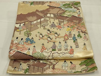 平和屋着物◎六通柄袋帯　唐織　水名所絵の内　人物風景文　金糸　正絹　逸品　AABM1416ou
