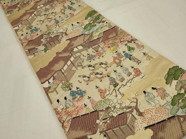 平和屋着物◎六通柄袋帯　唐織　水名所絵の内　人物風景文　金糸　正絹　逸品　AABM1416ou