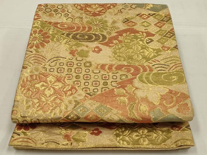 平和屋着物◎佐賀錦　六通柄袋帯　吉祥花文　金糸　正絹　逸品　AABM1418ou