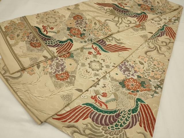 平和屋着物◎アンティーク　大正ロマン　丸帯　唐織　鳳凰花文　引き抜き帯　正絹　逸品　AABM1425ou
