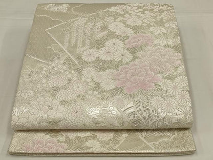 平和屋着物◎六通柄袋帯　唐織　吉祥流水花調文　銀糸　正絹　逸品　AABM1428ou