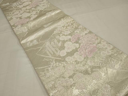平和屋着物◎六通柄袋帯　唐織　吉祥流水花調文　銀糸　正絹　逸品　AABM1428ou