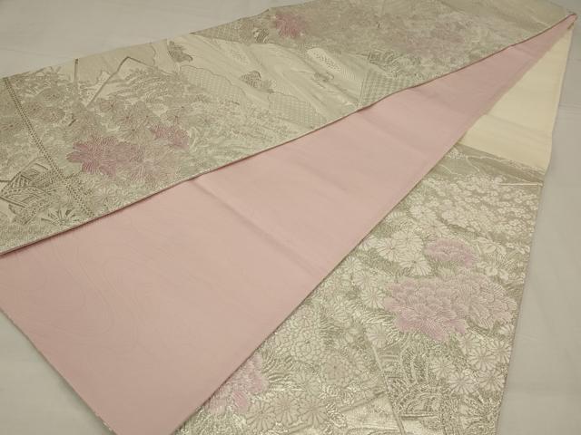 平和屋着物◎六通柄袋帯　唐織　吉祥流水花調文　銀糸　正絹　逸品　AABM1428ou