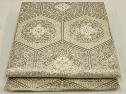 平和屋着物◎西陣　六通柄　本袋帯　亀甲花文　プラチナ箔　正絹　逸品　AABM1431ou