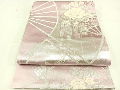 平和屋着物◎両面　全通柄袋帯　唐織　扇面花車文　銀糸　正絹　逸品　AABM1442bw