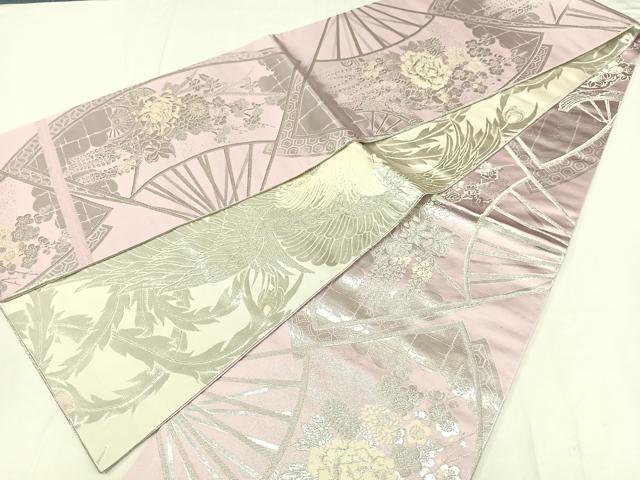 平和屋着物◎両面　全通柄袋帯　唐織　扇面花車文　銀糸　正絹　逸品　AABM1442bw