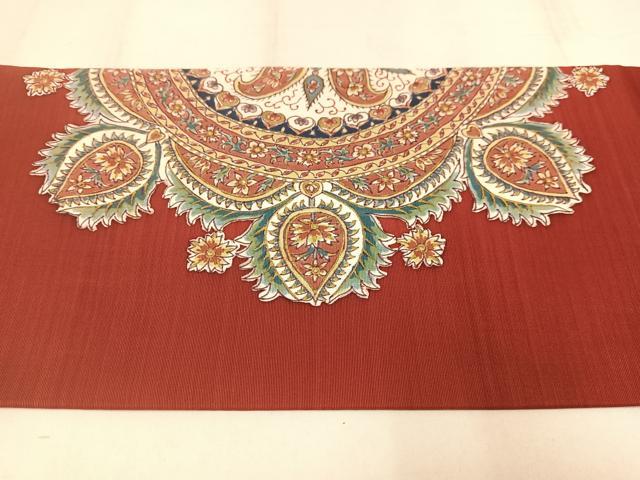 平和屋着物◎塩瀬　九寸名古屋帯　手描き　更紗花文　金彩　正絹　逸品　AABM1451bw