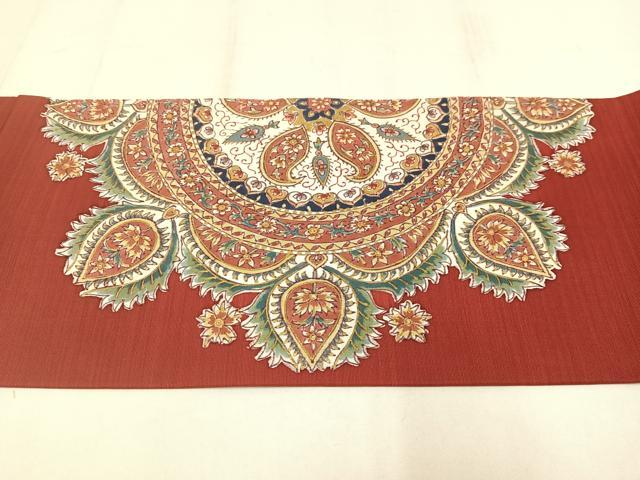 平和屋着物◎塩瀬　九寸名古屋帯　手描き　更紗花文　金彩　正絹　逸品　AABM1451bw