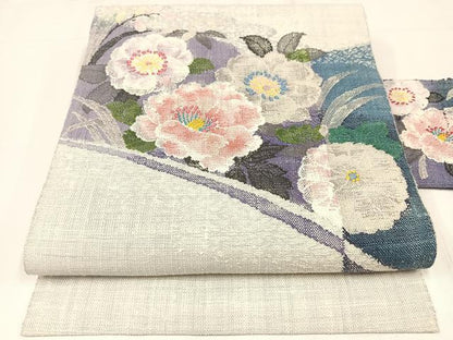 平和屋着物◎八寸名古屋帯　紬地　草花文　金糸　正絹　逸品　AABM1454bw