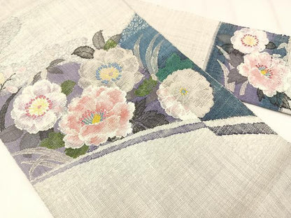 平和屋着物◎八寸名古屋帯　紬地　草花文　金糸　正絹　逸品　AABM1454bw