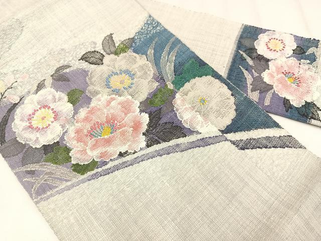 平和屋着物◎八寸名古屋帯　紬地　草花文　金糸　正絹　逸品　AABM1454bw