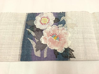 平和屋着物◎八寸名古屋帯　紬地　草花文　金糸　正絹　逸品　AABM1454bw