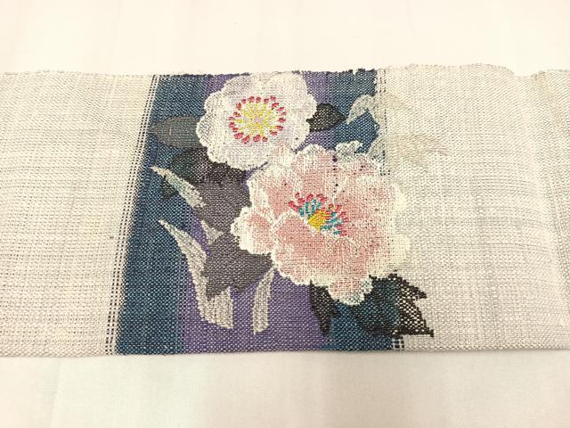 平和屋着物◎八寸名古屋帯　紬地　草花文　金糸　正絹　逸品　AABM1454bw