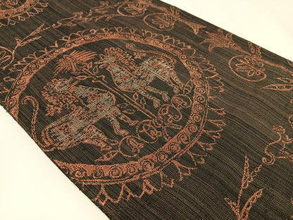 平和屋着物◎八寸名古屋帯　紬地　鳥獣丸文　正絹　逸品　AABM1462bw