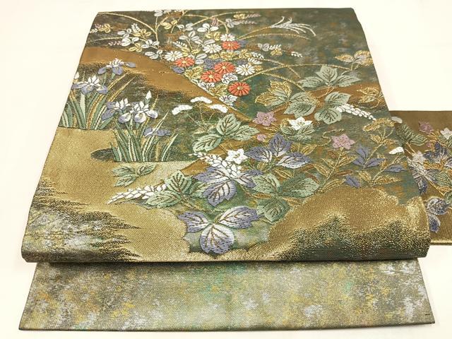 平和屋着物◎九寸名古屋帯　唐織　草花文　金糸　正絹　逸品　AABM1469bw