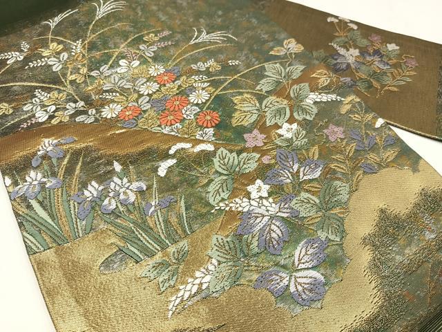 平和屋着物◎九寸名古屋帯　唐織　草花文　金糸　正絹　逸品　AABM1469bw