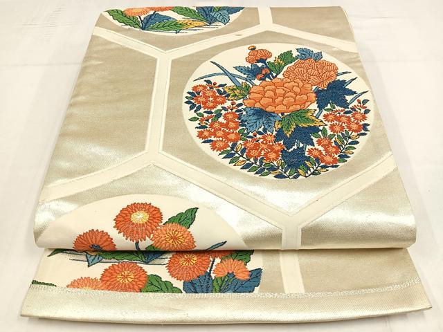 平和屋着物◎六通柄袋帯　唐織　亀甲花丸文　銀糸　正絹　逸品　AABM1471bw