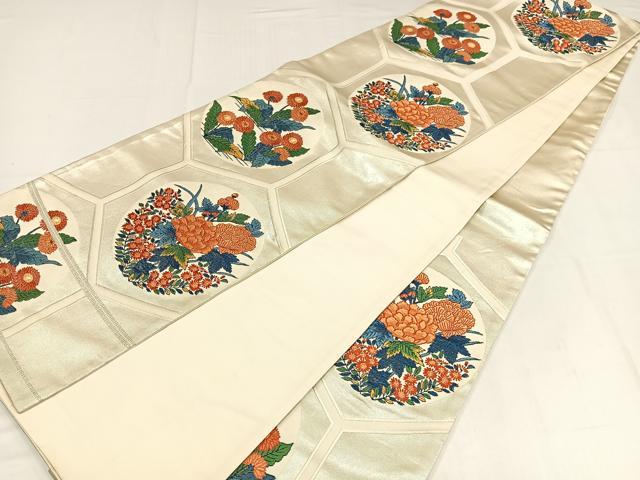 平和屋着物◎六通柄袋帯　唐織　亀甲花丸文　銀糸　正絹　逸品　AABM1471bw