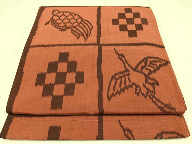平和屋着物◎全通柄袋帯　雀茶色　亀鶴　正絹　逸品　AABM1472bw