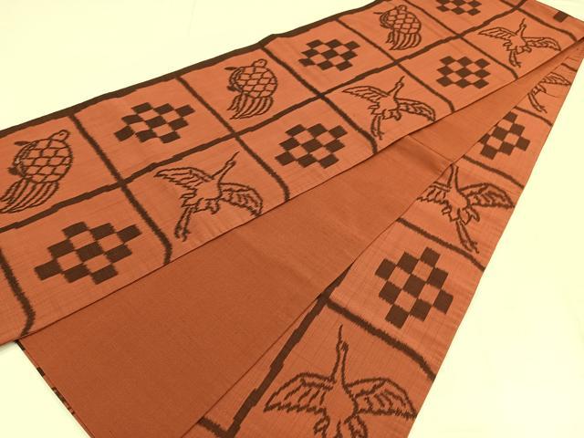 平和屋着物◎全通柄袋帯　雀茶色　亀鶴　正絹　逸品　AABM1472bw
