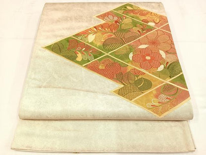 平和屋着物◎太鼓柄袋帯　刺繍　松皮菱花文　正絹　逸品　AABM1474bw
