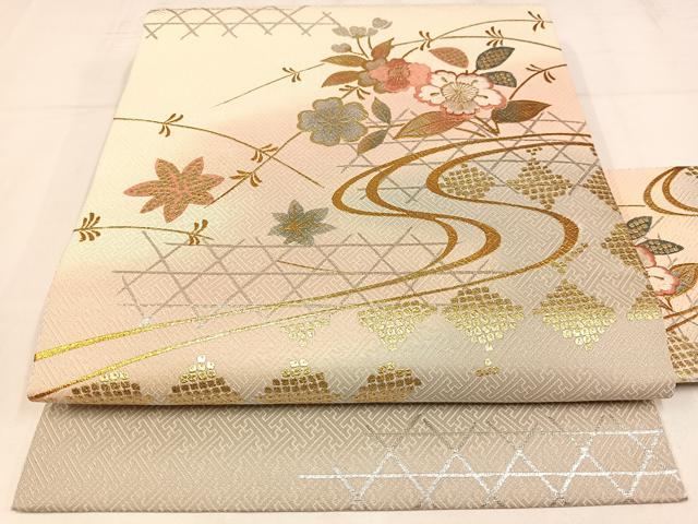 平和屋着物◎九寸名古屋帯　刺繍　流水花文　金銀彩　金糸　正絹　逸品　AABM1479bw