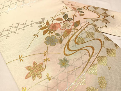 平和屋着物◎九寸名古屋帯　刺繍　流水花文　金銀彩　金糸　正絹　逸品　AABM1479bw