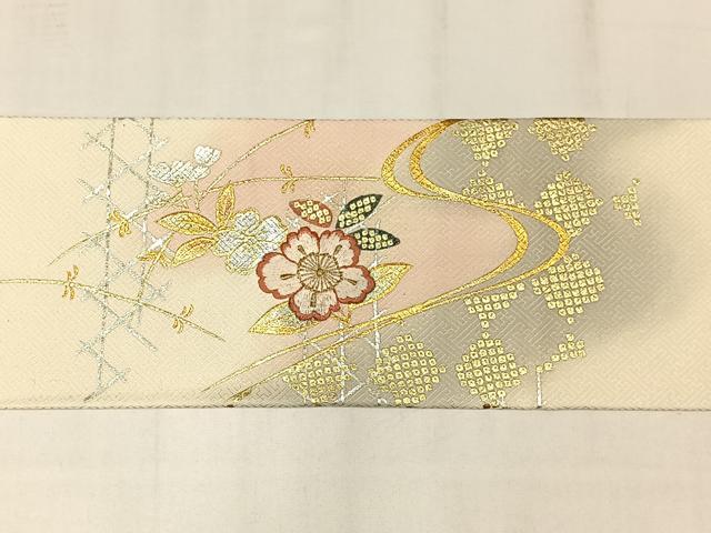 平和屋着物◎九寸名古屋帯　刺繍　流水花文　金銀彩　金糸　正絹　逸品　AABM1479bw